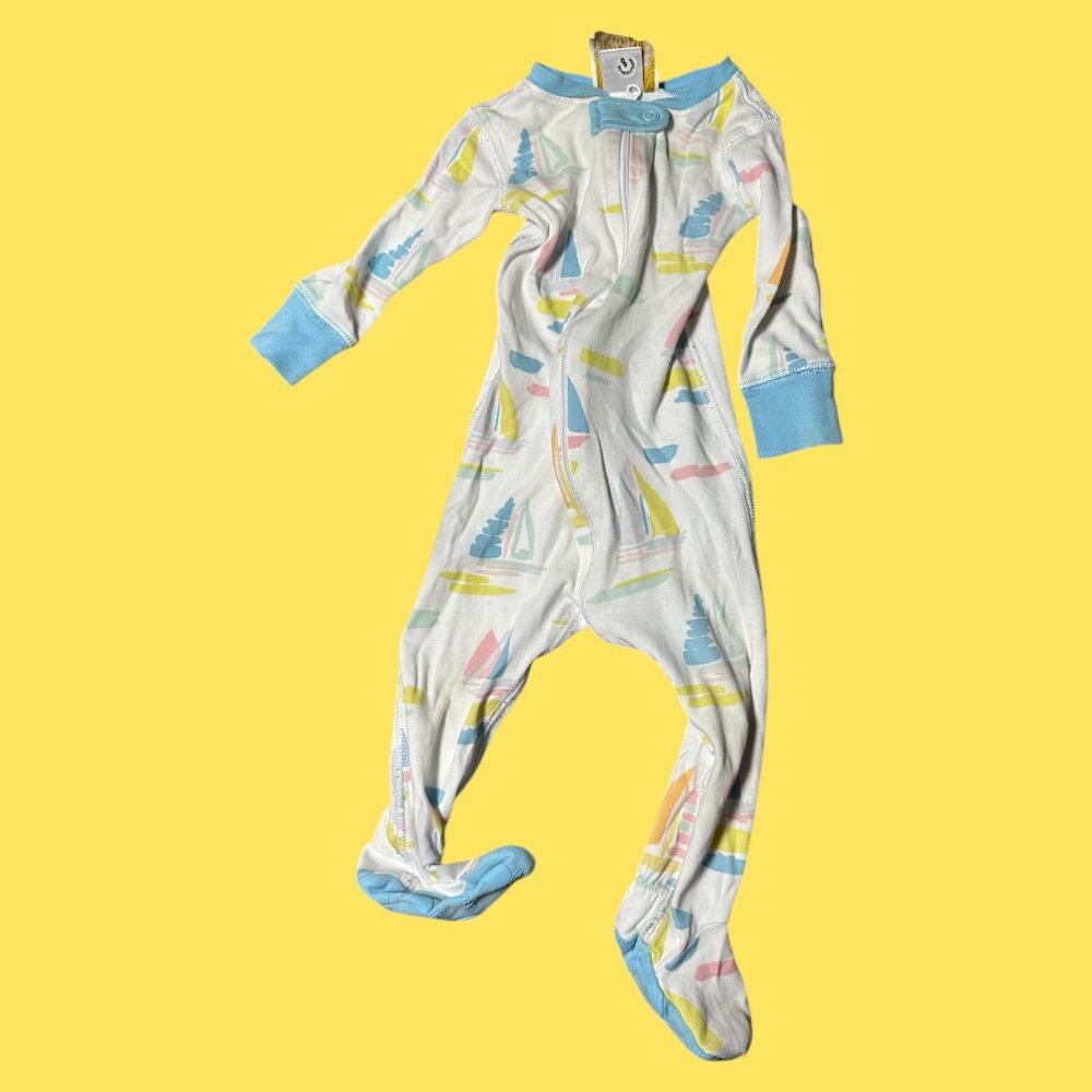 EUC Beaufort Bonnet Sleeper Geometrical Shapes Blue Yellow and Pink  6-12 Months